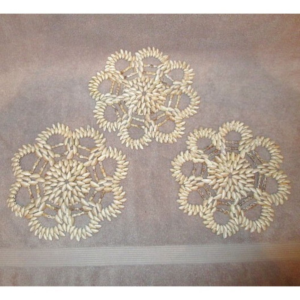 Vtg Seashell Flower Trivet Mats Hot Pad Beachy Wall Decor 9" Cowrie Puka 3X Lot